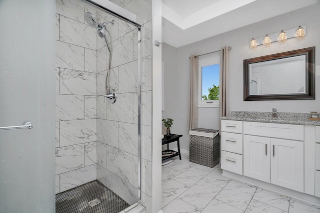 2825 Centurion Ln, New Lenox, IL 60451 - full bath featuring marble look tiles, a marble finish shower, vanity, and baseboards