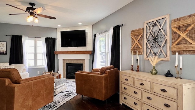 2703 Westbrook Dr, Bloomington, IL 61705 - living room with plenty of natural light, dark wood finished floors, a large fireplace, ceiling fan, and recessed lighting