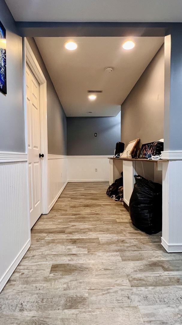 2703 Westbrook Dr, Bloomington, IL 61705 - hall with wainscoting, light wood finished floors, and an office area