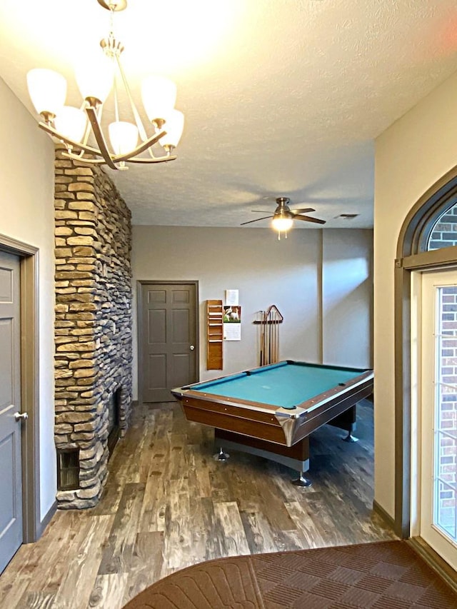 2703 Westbrook Dr, Bloomington, IL 61705 - rec room featuring wood finished floors, a chandelier, pool table, a ceiling fan, and a textured ceiling