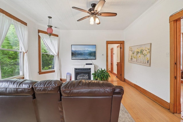 2559 N Saint Louis Ave, Chicago, IL 60647 - living room with light wood finished floors, ceiling fan, ornamental molding, and a fireplace