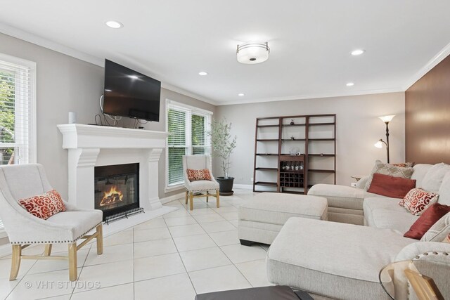 1981 White Oak Dr, Algonquin, IL 60102 - living room featuring ornamental molding, light tile patterned floors, a glass covered fireplace, recessed lighting, and baseboards