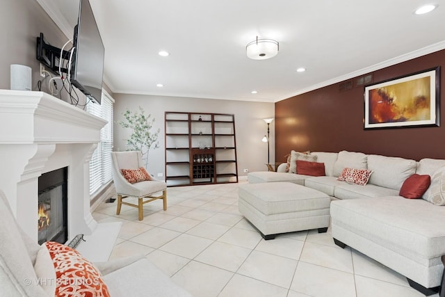 1981 White Oak Dr, Algonquin, IL 60102 - living area with recessed lighting, a glass covered fireplace, light tile patterned floors, crown molding, and baseboards