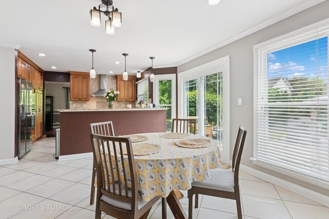 1981 White Oak Dr, Algonquin, IL 60102 - dining area with light tile patterned floors, a chandelier, baseboards, recessed lighting, and ornamental molding