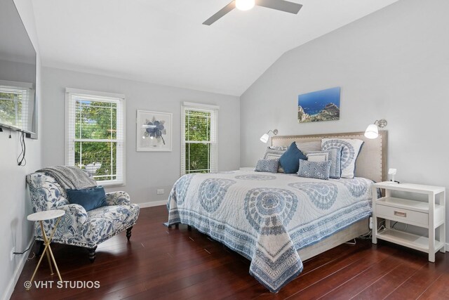 1981 White Oak Dr, Algonquin, IL 60102 - bedroom featuring wood finished floors, vaulted ceiling, baseboards, and a ceiling fan