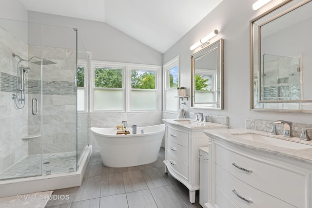 1981 White Oak Dr, Algonquin, IL 60102 - full bathroom with a shower stall, two vanities, a soaking tub, and lofted ceiling