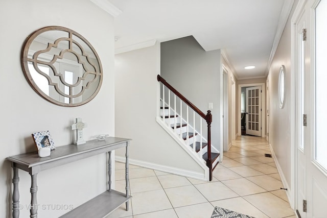 1981 White Oak Dr, Algonquin, IL 60102 - foyer with crown molding, stairs, baseboards, and light tile patterned flooring
