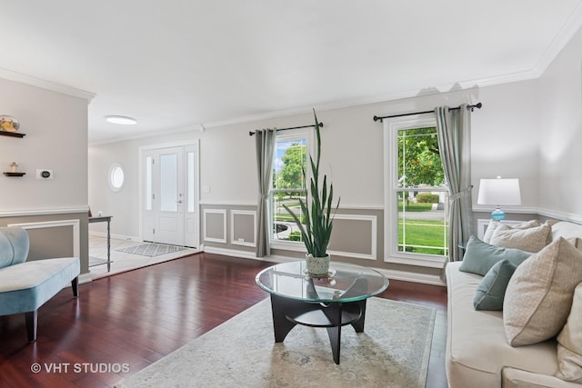 1981 White Oak Dr, Algonquin, IL 60102 - living room featuring ornamental molding, wood finished floors, wainscoting, and a decorative wall