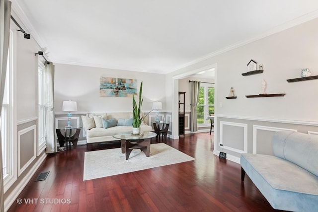 1981 White Oak Dr, Algonquin, IL 60102 - living area with ornamental molding, wood finished floors, a wainscoted wall, and a decorative wall
