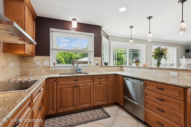 1981 White Oak Dr, Algonquin, IL 60102 - kitchen featuring wall chimney range hood, dishwasher, a sink, black electric stovetop, and brown cabinetry