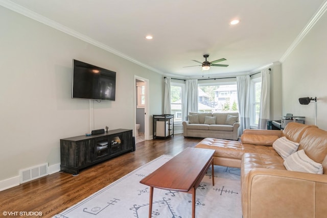 2617 Thayer St, Evanston, IL 60201 - living area with crown molding, wood finished floors, ceiling fan, and recessed lighting