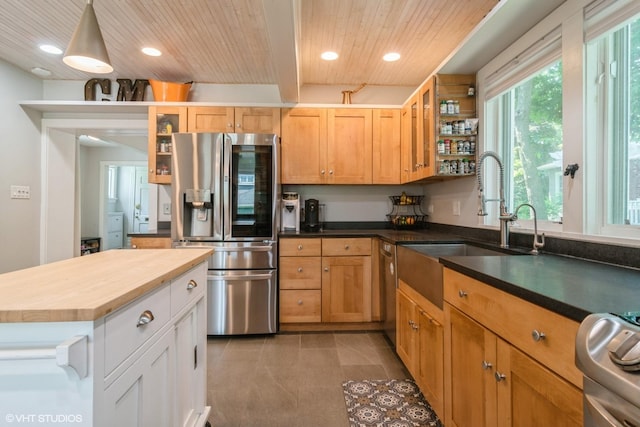2617 Thayer St, Evanston, IL 60201 - kitchen featuring stainless steel appliances, open shelves, wooden ceiling, wood counters, and recessed lighting