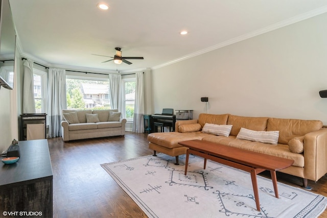 2617 Thayer St, Evanston, IL 60201 - living area with ornamental molding, a ceiling fan, dark wood-type flooring, and recessed lighting