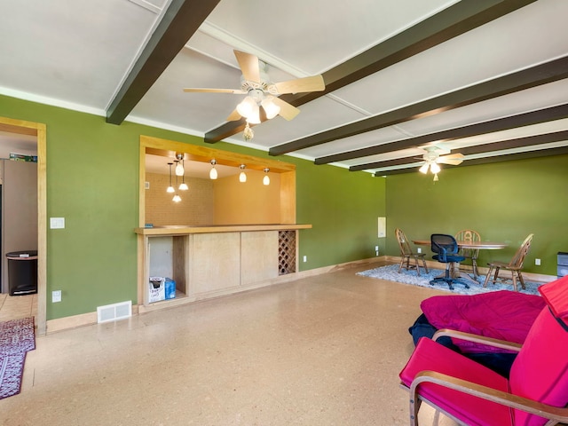 225 S Gladstone Ave, Aurora, IL 60506 - living area featuring a ceiling fan, beam ceiling, baseboards, and speckled floor