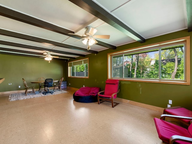 225 S Gladstone Ave, Aurora, IL 60506 - sitting room with beamed ceiling, ceiling fan, and baseboards