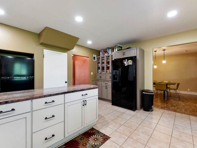 225 S Gladstone Ave, Aurora, IL 60506 - kitchen with freestanding refrigerator, black refrigerator with ice dispenser, light tile patterned floors, recessed lighting, and glass insert cabinets