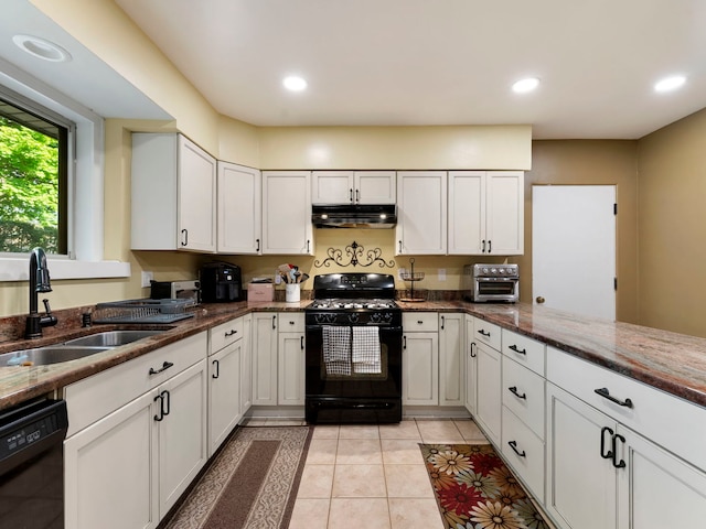 225 S Gladstone Ave, Aurora, IL 60506 - kitchen featuring black appliances, under cabinet range hood, a sink, white cabinetry, and recessed lighting