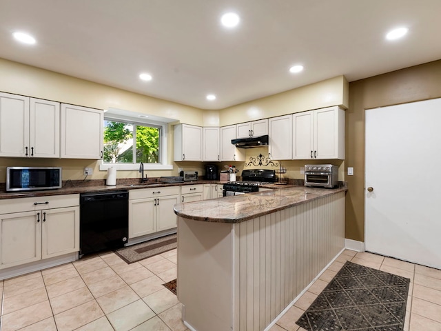 225 S Gladstone Ave, Aurora, IL 60506 - kitchen with black appliances, under cabinet range hood, light tile patterned floors, a peninsula, and dark stone countertops