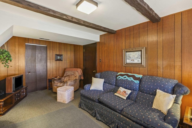 20048 Orchard Ave, Lynwood, IL 60411 - living room with carpet floors, beam ceiling, and wooden walls