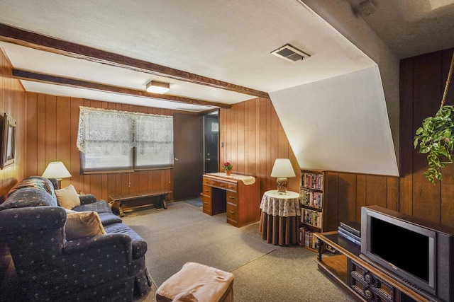 20048 Orchard Ave, Lynwood, IL 60411 - living area with wooden walls, carpet floors, and beamed ceiling