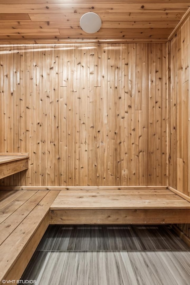 1717 W Huron St, Chicago, IL 60622 - sauna featuring wooden ceiling, wood finished floors, and wood walls