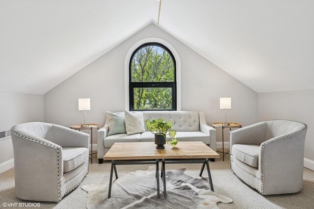 1717 W Huron St, Chicago, IL 60622 - living area featuring baseboards, vaulted ceiling, and light colored carpet