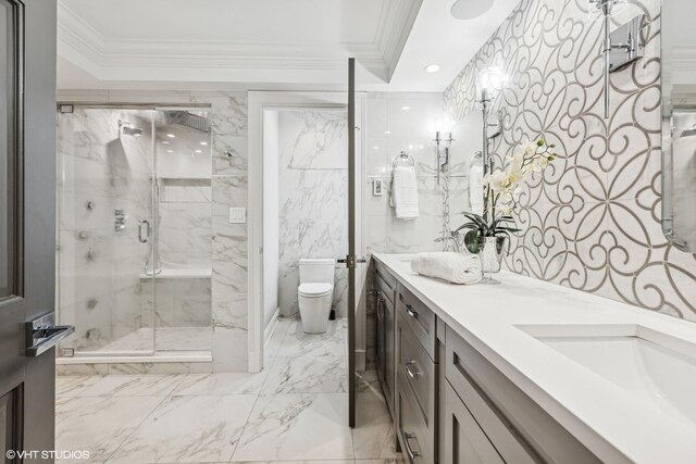 1717 W Huron St, Chicago, IL 60622 - full bathroom with double vanity, toilet, a marble finish shower, marble finish flooring, and ornamental molding
