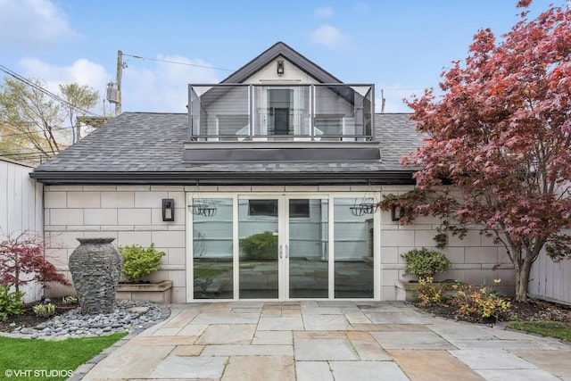 1717 W Huron St, Chicago, IL 60622 - rear view of house with a balcony, a shingled roof, and french doors