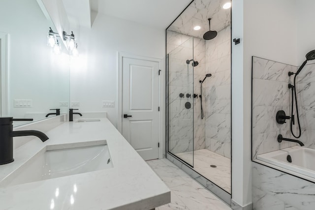 2714 W Cortez St Unit 1, Chicago, IL 60622 - full bath featuring marble finish flooring, a marble finish shower, a tub with marble appearance, and double vanity