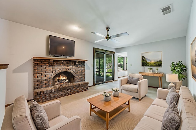 337 George St, Sycamore, IL 60178 - living area with a brick fireplace, light colored carpet, and a ceiling fan