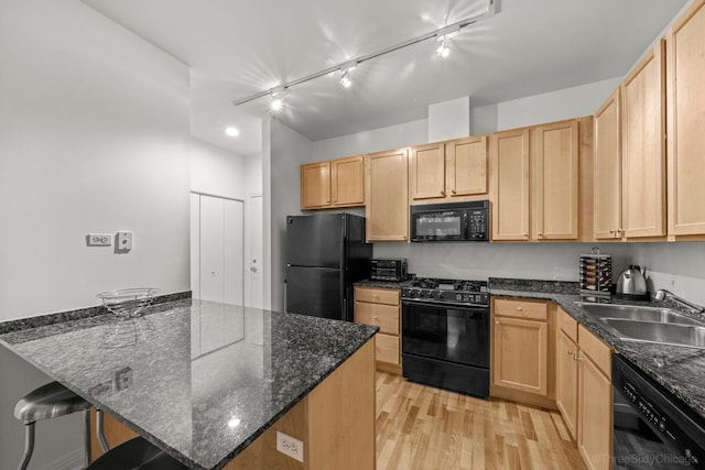333 N Jefferson St Unit 307, Chicago, IL 60661 - kitchen with black appliances, light brown cabinetry, light wood-type flooring, rail lighting, and a peninsula
