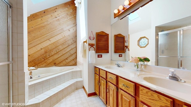 321 Greens View Dr, Algonquin, IL 60102 - full bath featuring a garden tub, double vanity, a shower stall, and wooden walls