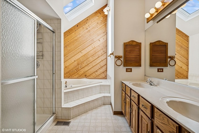 321 Greens View Dr, Algonquin, IL 60102 - full bath with a skylight, a bath, double vanity, a shower stall, and wooden walls