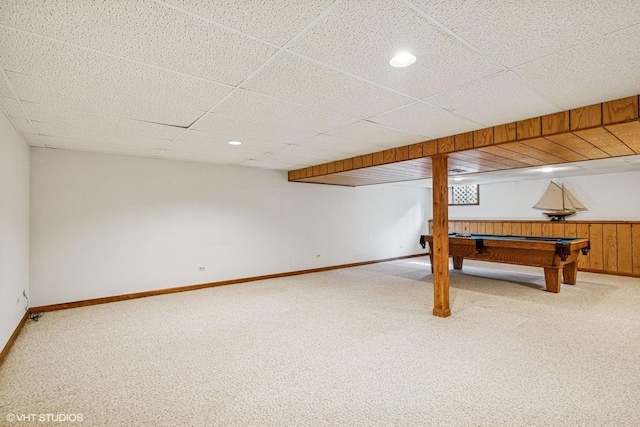 321 Greens View Dr, Algonquin, IL 60102 - playroom featuring carpet floors, billiards table, baseboards, and a paneled ceiling
