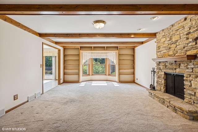 321 Greens View Dr, Algonquin, IL 60102 - unfurnished living room featuring carpet floors, a fireplace, beam ceiling, and baseboards