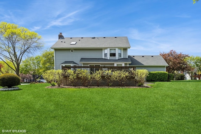 321 Greens View Dr, Algonquin, IL 60102 - rear view of property with a chimney, a yard, a wooden deck, and a shingled roof