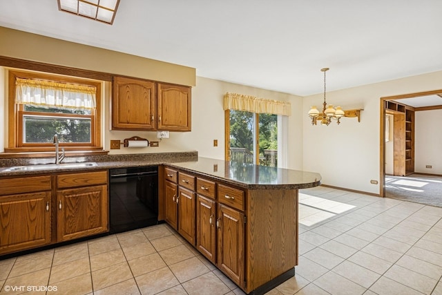 321 Greens View Dr, Algonquin, IL 60102 - kitchen with dishwasher, a sink, a peninsula, brown cabinetry, and light tile patterned floors