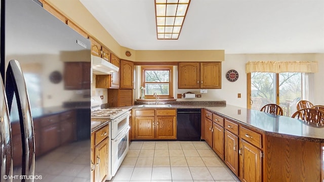 321 Greens View Dr, Algonquin, IL 60102 - kitchen featuring range with two ovens, black dishwasher, freestanding refrigerator, under cabinet range hood, and a sink