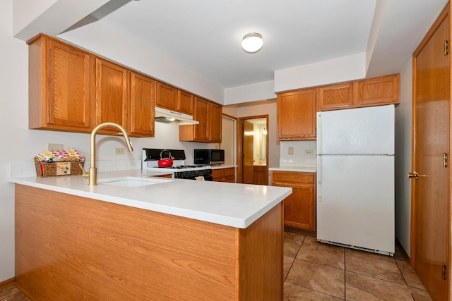 5318 W Dixie Dr Unit 10, Alsip, IL 60803 - kitchen with white appliances, under cabinet range hood, a sink, and brown cabinetry
