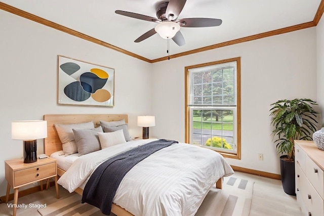 N61W14730 Woodcrest Ct, Menomonee Falls, WI 53051 - bedroom with baseboards, ornamental molding, and a ceiling fan