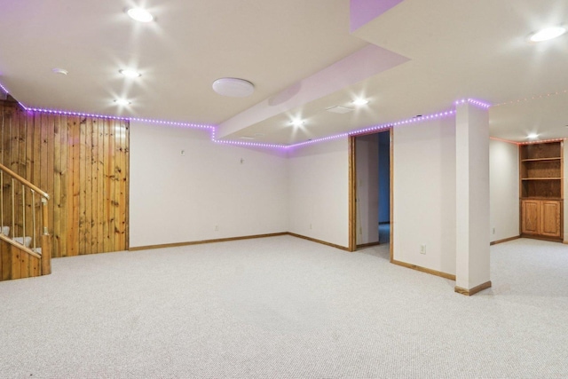N61W14730 Woodcrest Ct, Menomonee Falls, WI 53051 - finished basement featuring carpet floors, baseboards, stairway, wood walls, and recessed lighting