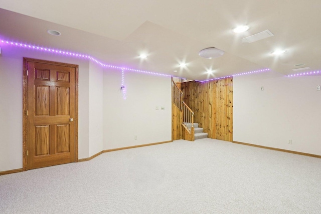 N61W14730 Woodcrest Ct, Menomonee Falls, WI 53051 - finished below grade area featuring carpet, recessed lighting, baseboards, stairs, and wood walls