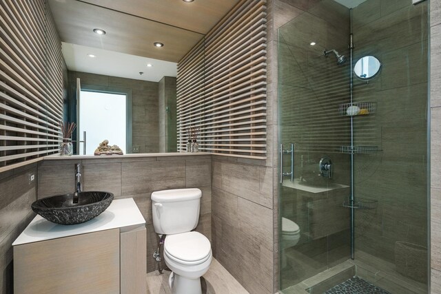 1530 S State St Unit 18A-B, Chicago, IL 60605 - full bath featuring toilet, vanity, a shower stall, tile walls, and recessed lighting