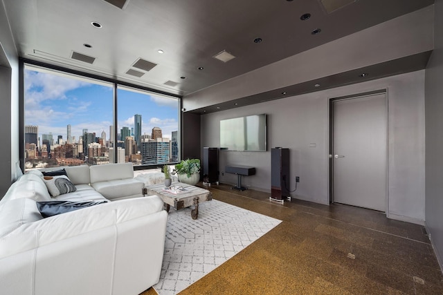 1530 S State St Unit 18A-B, Chicago, IL 60605 - living room featuring a skyline view, baseboards, floor to ceiling windows, speckled floor, and recessed lighting