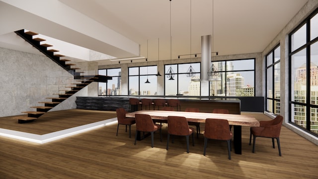 1530 S State St Unit 18A-B, Chicago, IL 60605 - dining space featuring wood finished floors, a city view, a community bar, and stairs