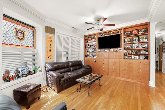 1705 N Crilly Ct Unit 2, Chicago, IL 60614 - living area with a ceiling fan, crown molding, wood finished floors, and built in features