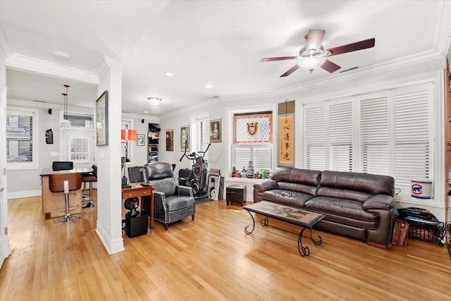 1705 N Crilly Ct Unit 2, Chicago, IL 60614 - living area featuring a ceiling fan, light wood finished floors, ornamental molding, and recessed lighting