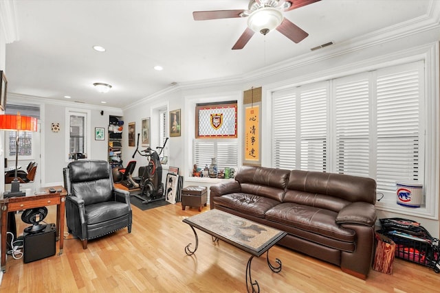 1705 N Crilly Ct Unit 2, Chicago, IL 60614 - living area with light wood-type flooring, crown molding, recessed lighting, and ceiling fan