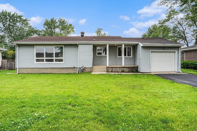 2258 177th St, Lansing, IL 60438 - single story home featuring a garage, asphalt driveway, a chimney, covered porch, and a shingled roof