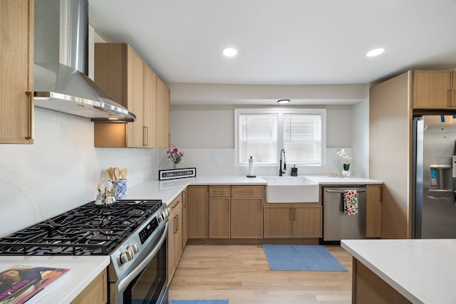 791 N Michigan St, Elmhurst, IL 60126 - kitchen featuring appliances with stainless steel finishes, wall chimney exhaust hood, a sink, light wood-style flooring, and light countertops